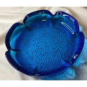 MCM Blenko Glass Ashtray Sapphire Blue Pebble Textured 7"